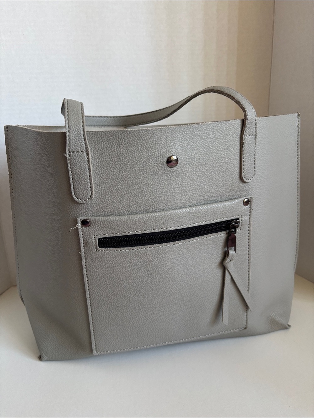 Textured Light Gray Tote with Front Zip Pocket